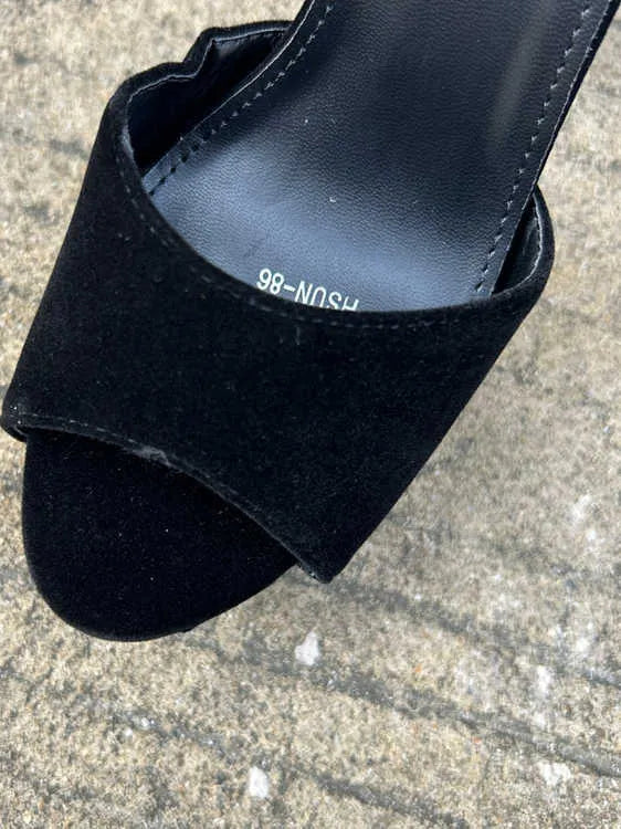 Black suede 13cm chunky heel platform sandals with ankle-strap buckle for women