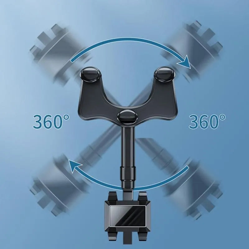 Black rearview mirror car phone holder with telescopic arm and 360° rotating joint on a car mirror.