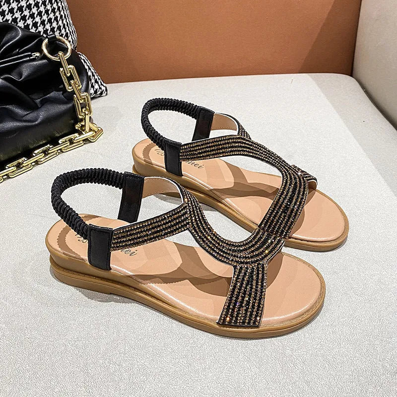 Women's patent leather summer sandals with rhinestone detailing in gold, silver or black colours