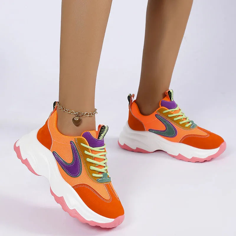 Mixed-colour women's lace-up sneakers with breathable mesh upper, thick rubber sole, and round toe in orange and purple