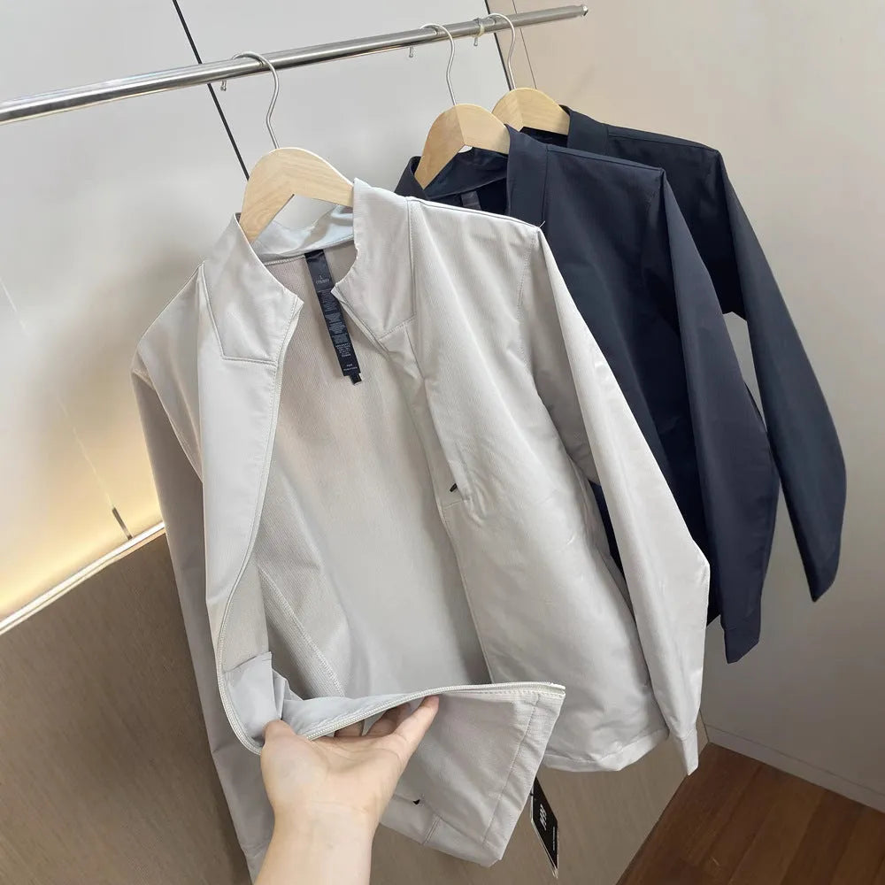 Men's stand collar sports casual jacket, long sleeve, straight hem, polyester, black dark blue or milky white