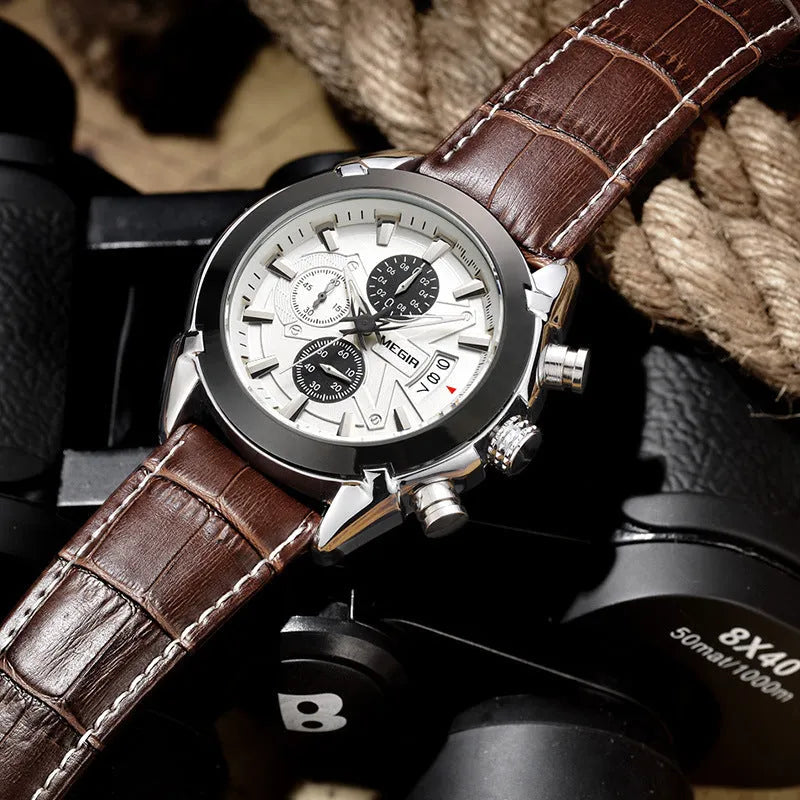 Men's multifunctional timing wristwatch with three subdials, luminous hands, in black or brown colour options.