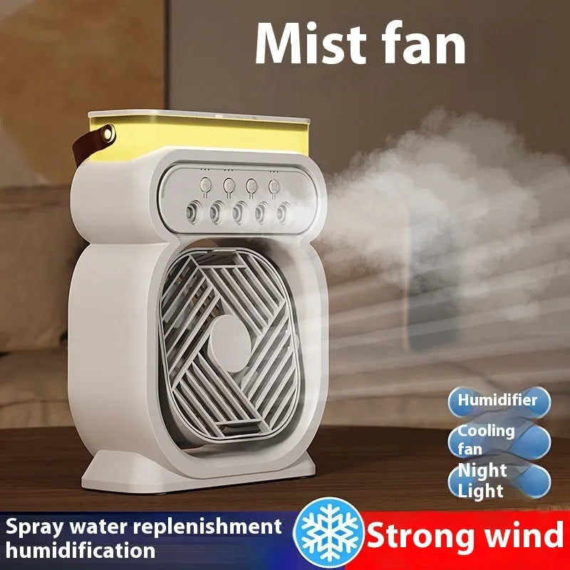 3-in-1 portable evaporative air cooler with 7-colour LED night light, USB-powered fan humidifier in white