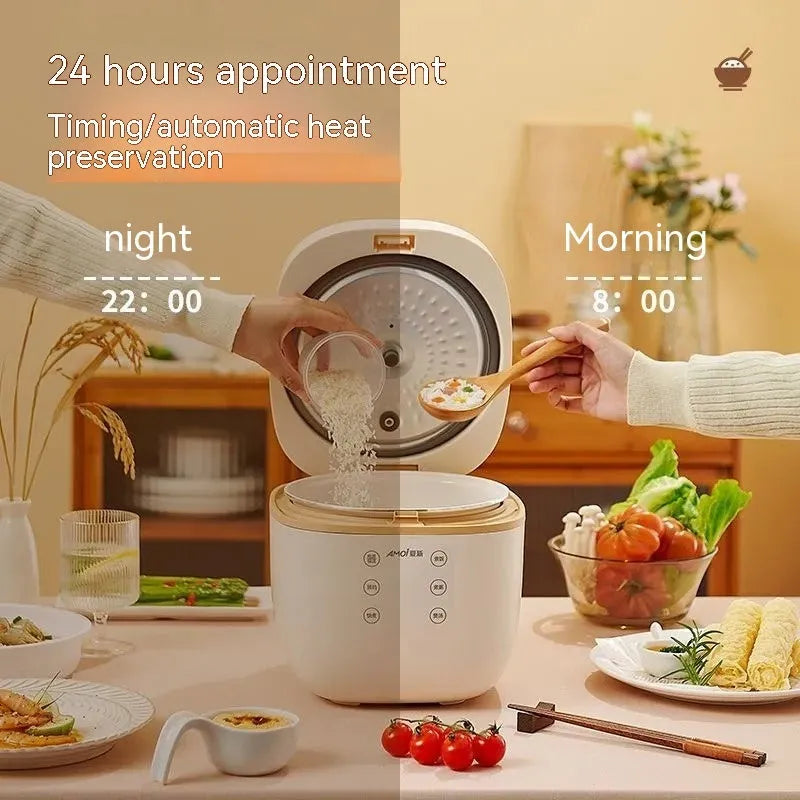 White intelligent multi-function rice cooker with 3L black crystal inner pot and steamer basket