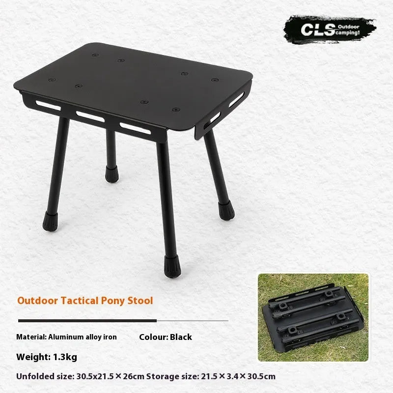 Aluminium dual-use folding camping stool that converts to a small table, shown with tactical storage bag.