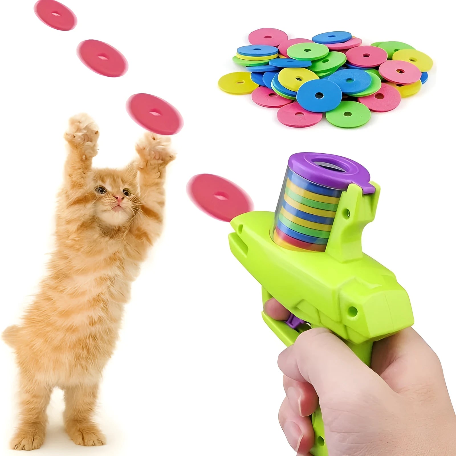 Green and purple manual cat toy launchers with foam discs for interactive indoor pet play