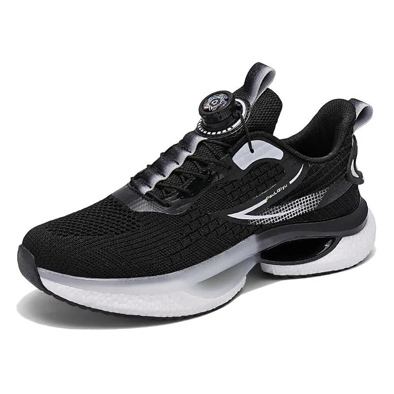 Men's white rotating button buckle running shoes with breathable mesh upper and low-top design