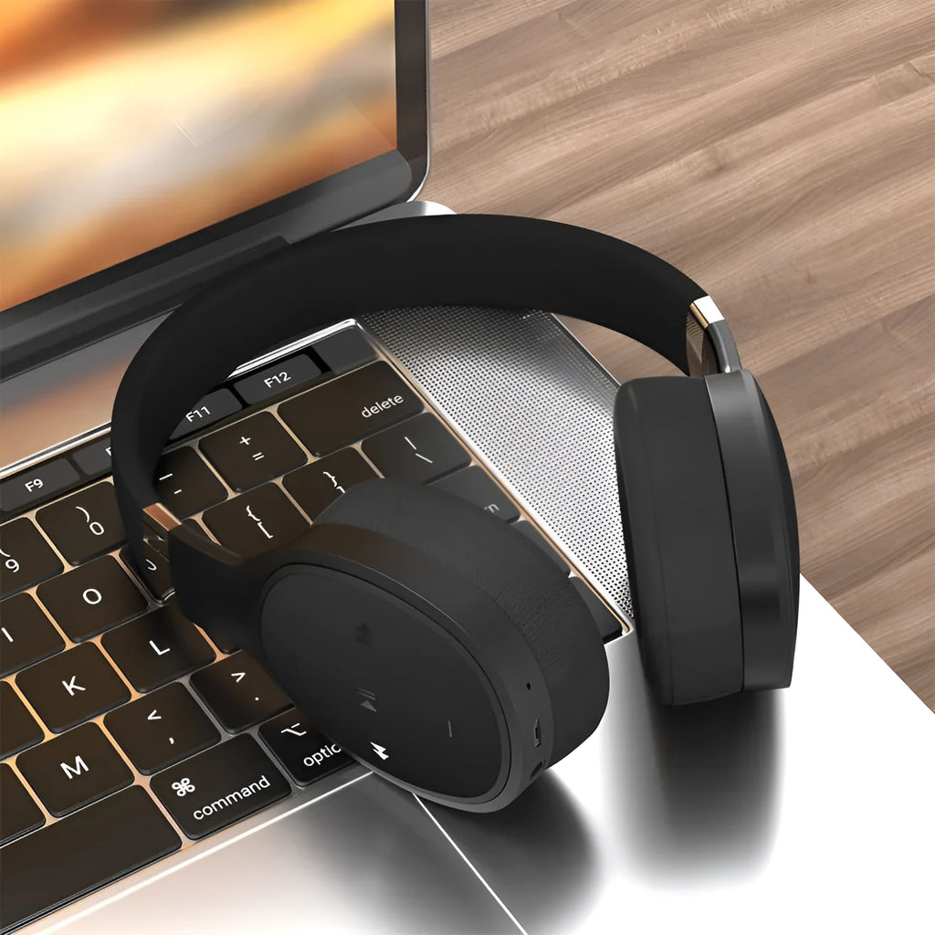 Folding wireless Bluetooth sports headphones in black, showing the collapsed design for portability.