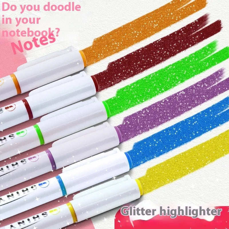Set of four glitter fluorescent highlighter pens with pastel colours in a star river design box.