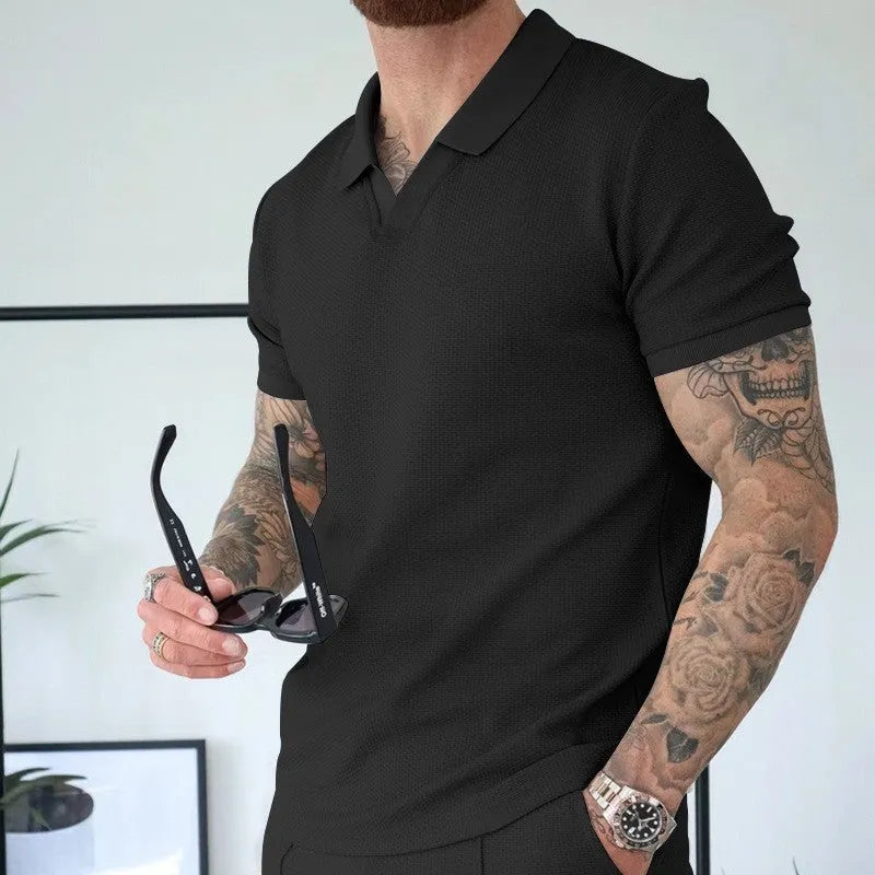 Men's two-piece lapel polo suit set in polyester fibre with top and pants, available in five colours