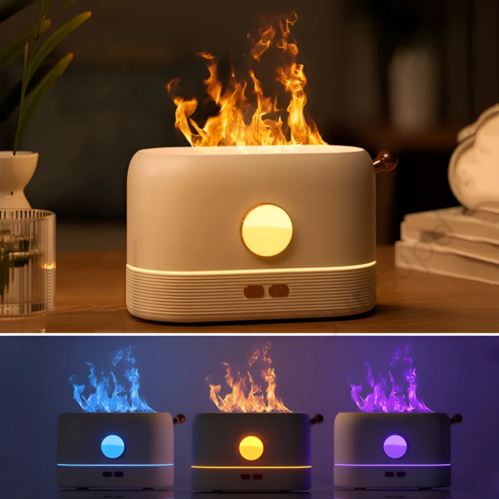 USB-powered desktop humidifier with flame simulation effect and 200ml water tank