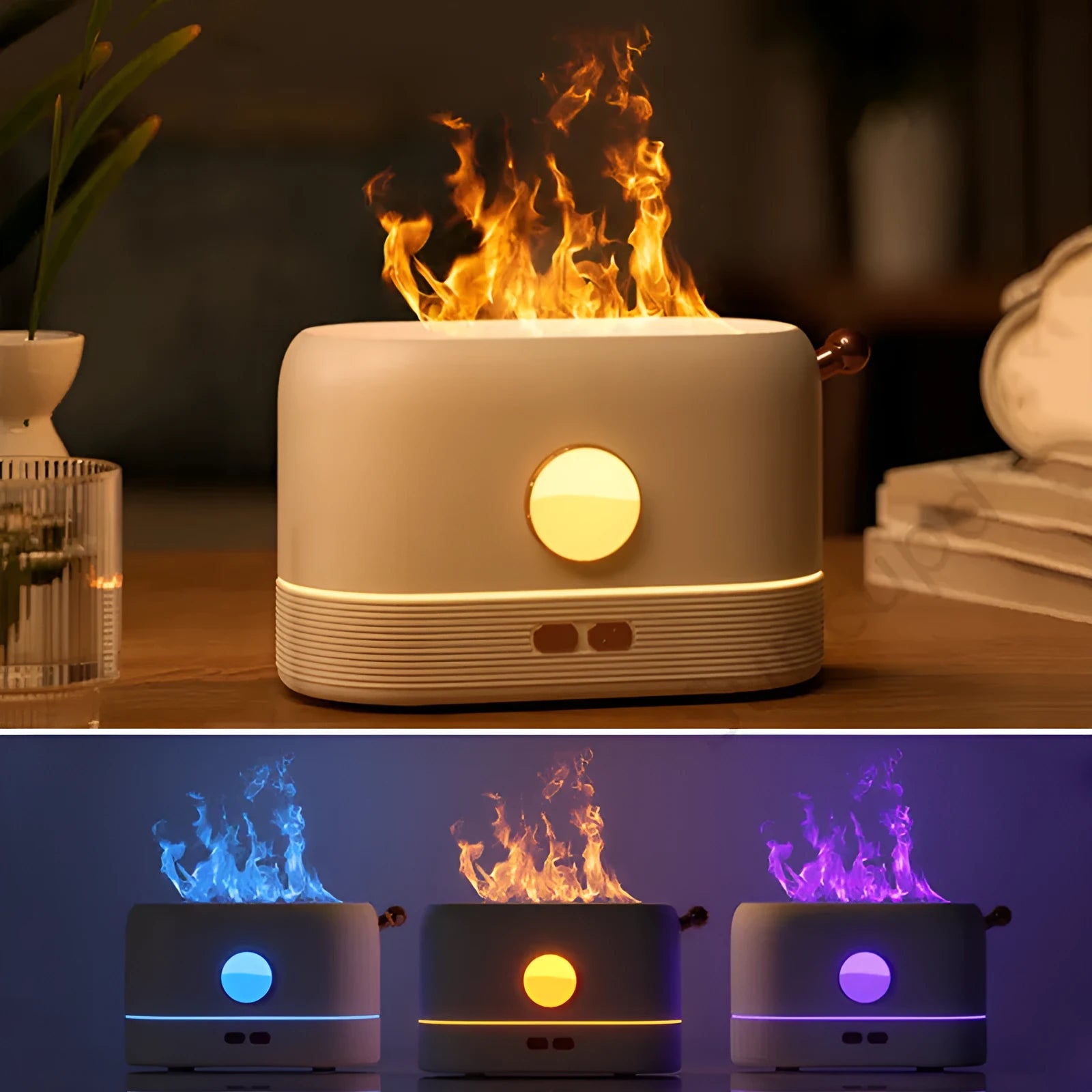 USB-powered desktop humidifier with flame simulation effect and 200ml water tank