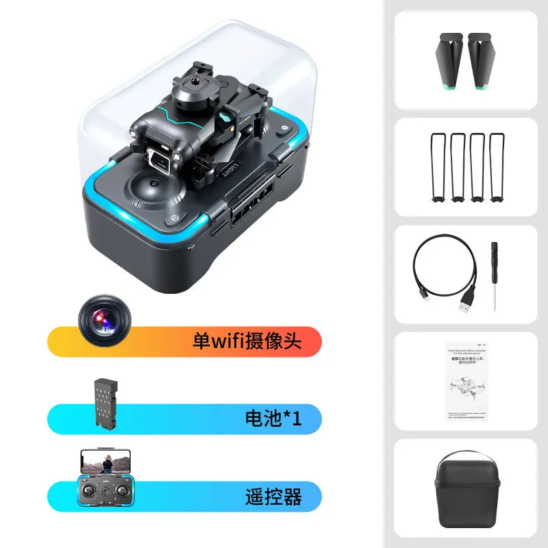Black S96 obstacle avoidance drone with four-axis design and camera, measuring under 30cm for aerial photography