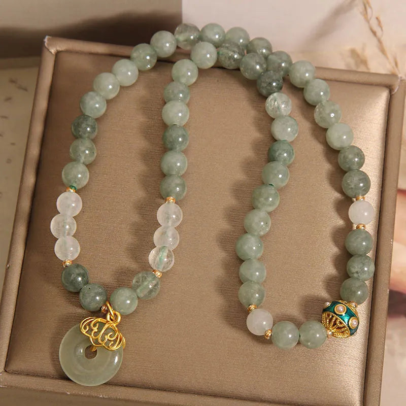 Women's aventurine double-layer crystal bracelet with oil green jade elements and peace buckle closure
