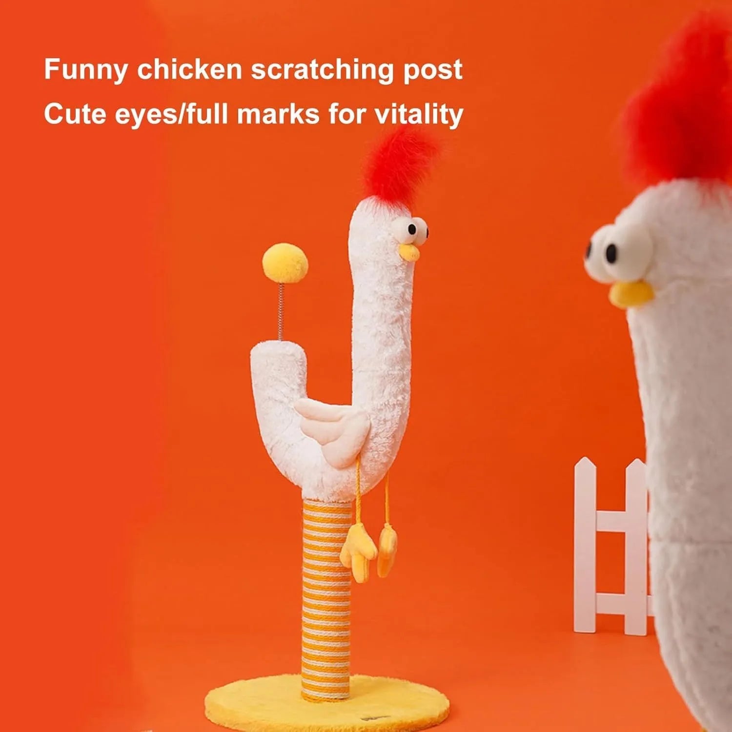 Yellow vertical cat scratching post with sisal wrapping, chicken strip design and spring ball attachment