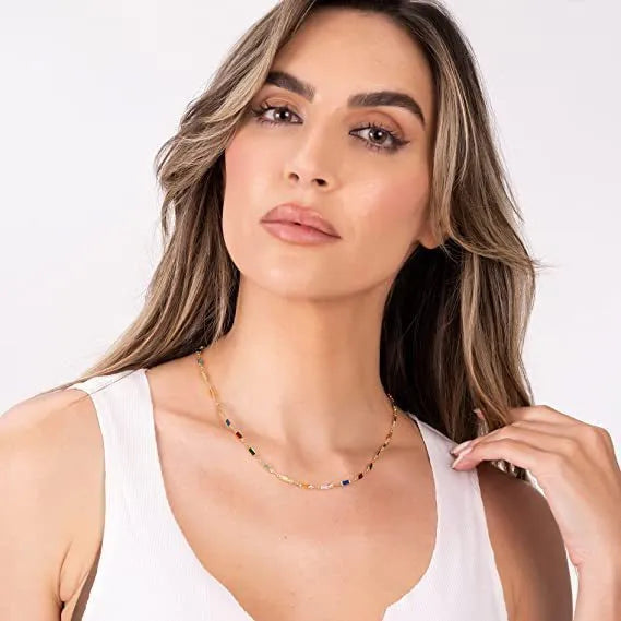 Geometric glass pendant on an adjustable alloy chain ladies necklace in a cold wind style.