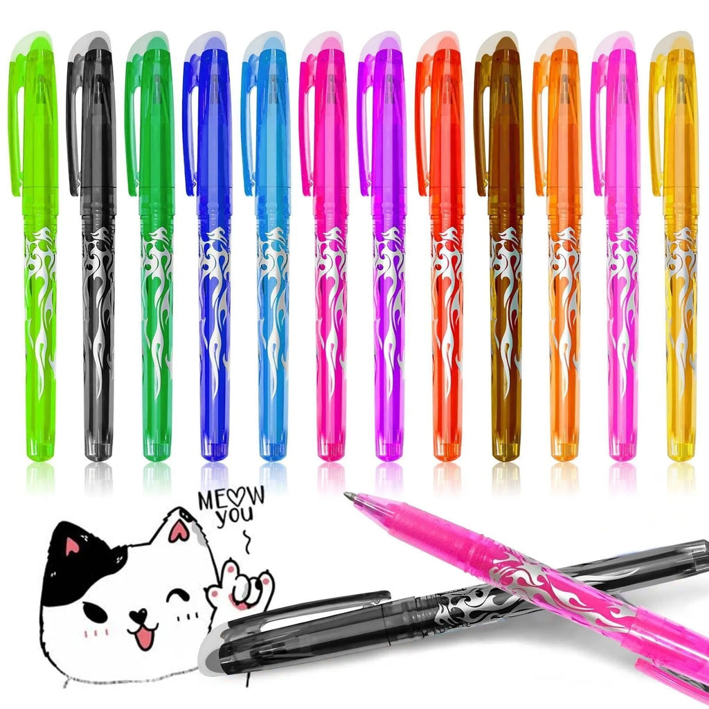 Heat-erasable gel pen set with multiple colours showing plastic bodies and stainless steel nibs