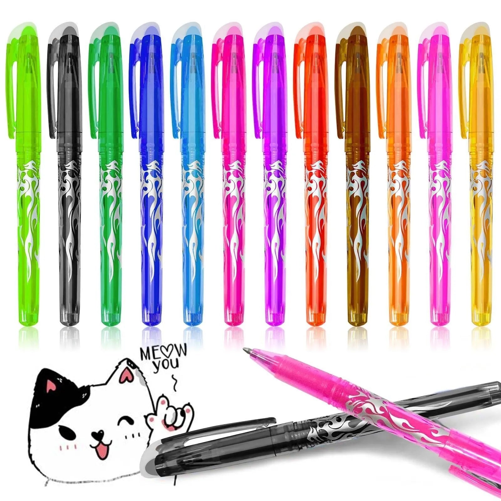 Heat-erasable gel pen set with multiple colours showing plastic bodies and stainless steel nibs