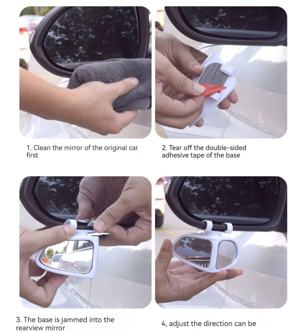 A pair of round, adjustable wide-angle car mirrors with adhesive backing, shown in assorted colours.