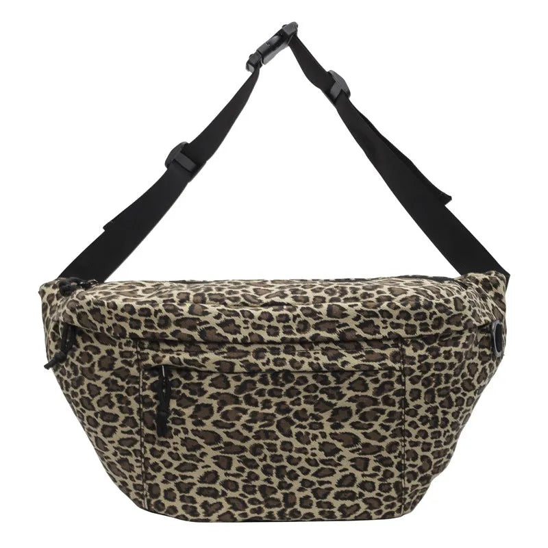Retro leopard print canvas chest bag with patchwork, soft body, and internal phone pocket for daily matching.