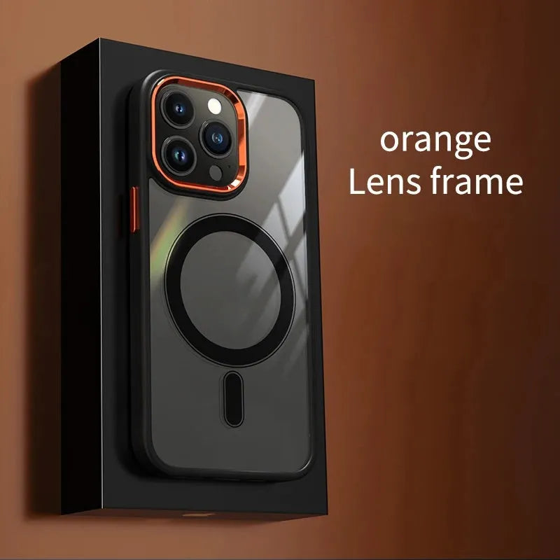 Magnetic suction shell phone case with metal lens frame and acrylic back for iPhone, black edge red frame