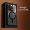 Magnetic suction shell phone case with metal lens frame and acrylic back for iPhone, black edge red frame