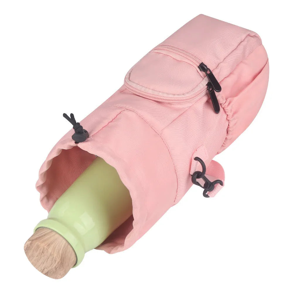 Canvas water bottle pouch with crossbody strap in black, green, or pink colour