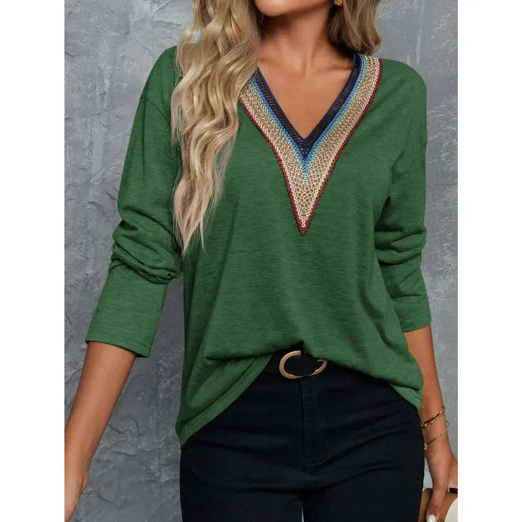 Lace spliced V-neck long sleeve top, mid-length polyester blouse in green, brick red, black or khaki