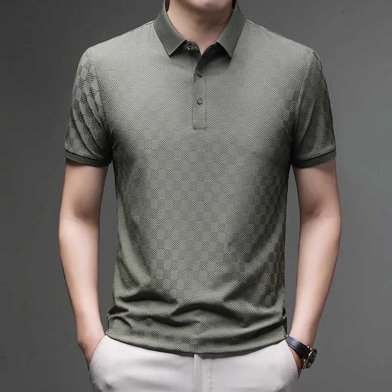 Rhombus thin ice silk V-neck short sleeve T-shirt on a hanger, showing slit hem detail.