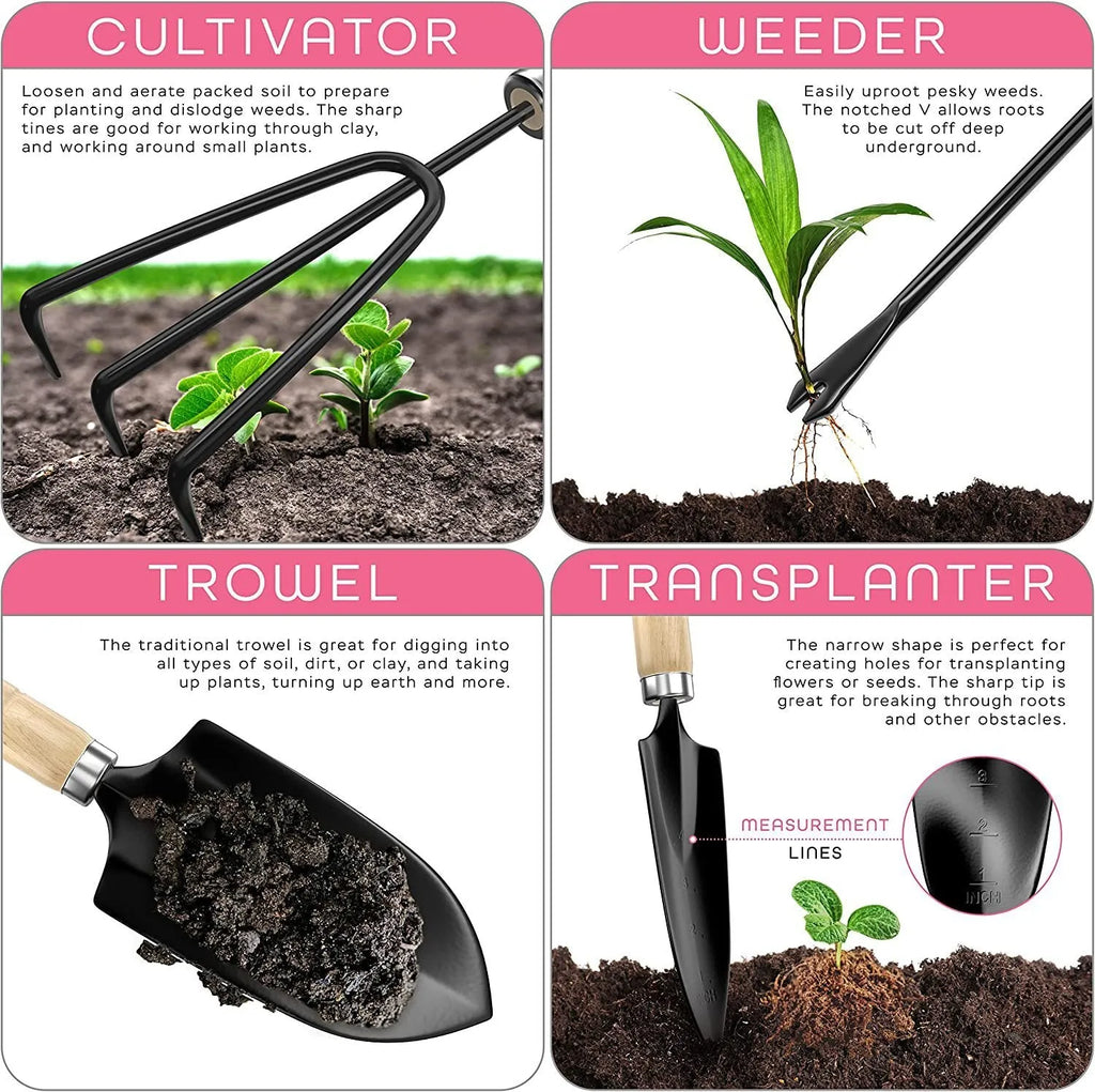 Eight stainless steel gardening tools including trowel, cultivator, and transplanting tools