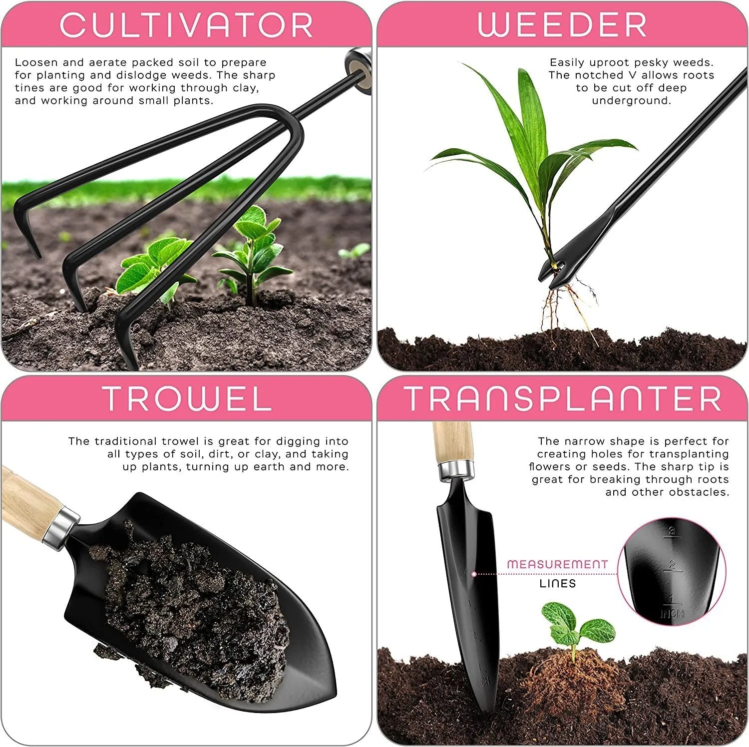 Eight stainless steel gardening tools including trowel, cultivator, and transplanting tools
