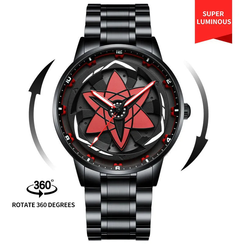 Men's black stainless steel multifunction quartz watch with luminous rotating dial and 13mm thick case