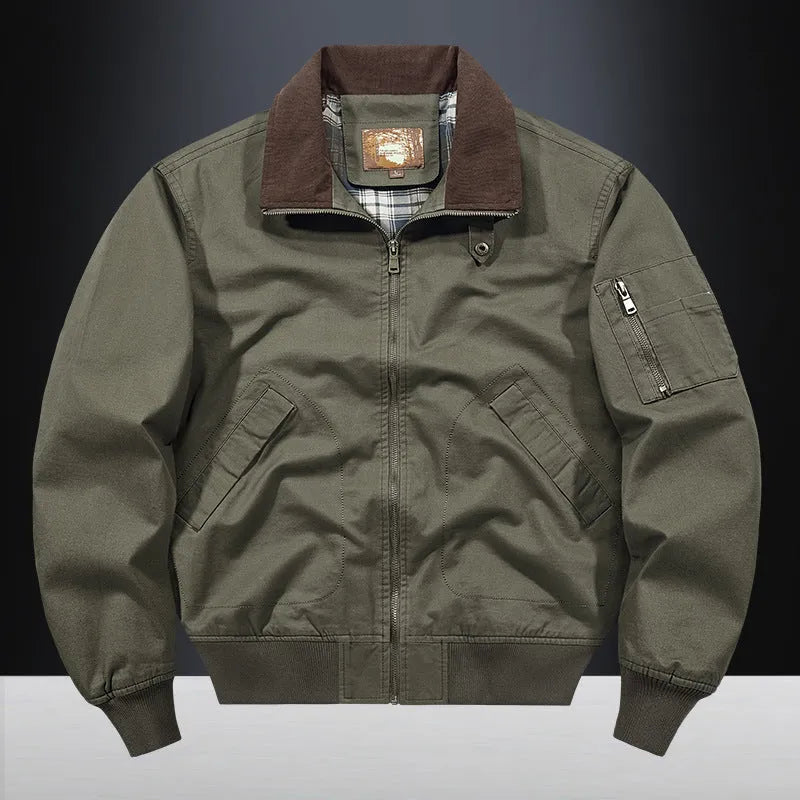 Men's plus size washed cotton baseball style flight jacket in army green