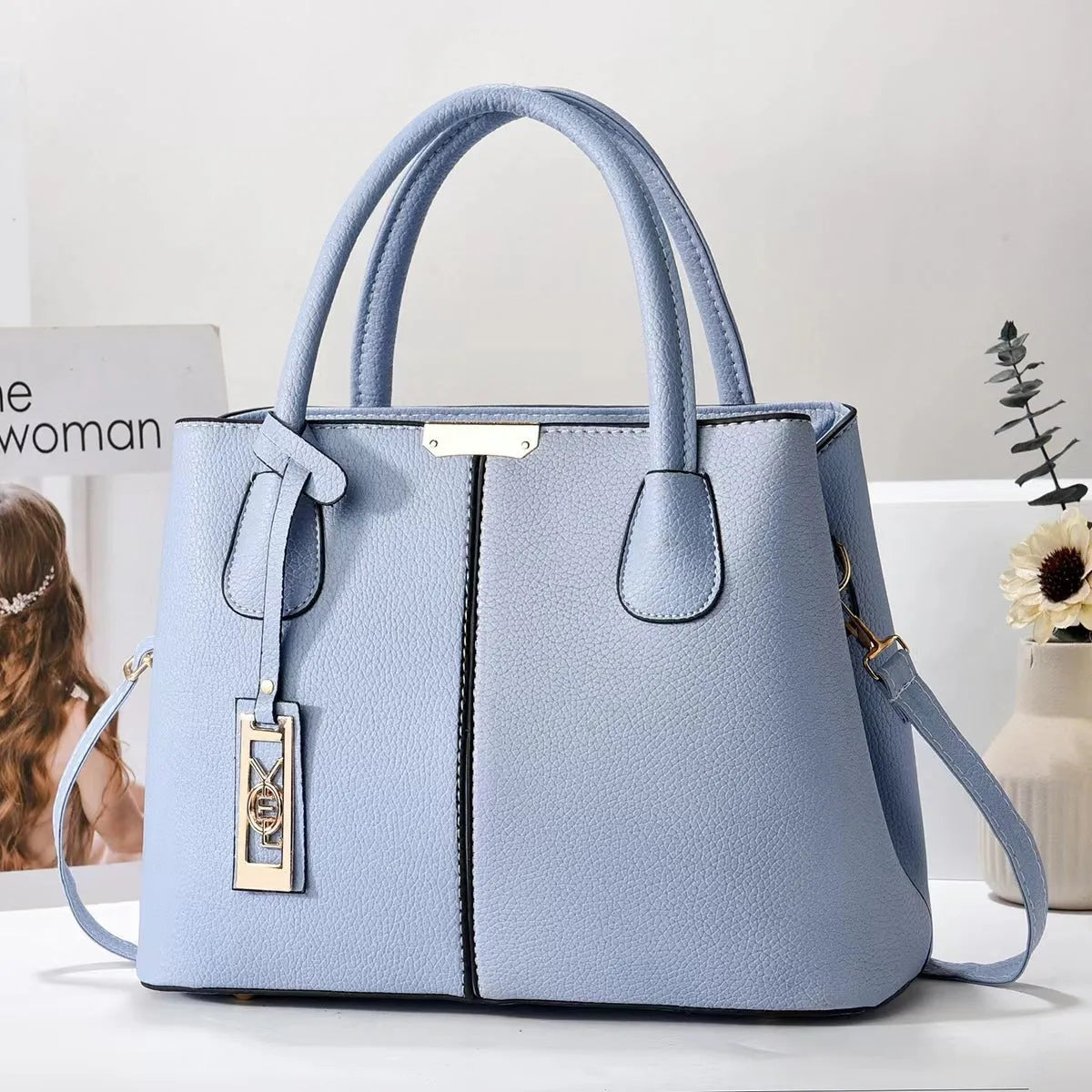 PU fashion shoulder handbag with leather strap in horizontal square design showing colour options