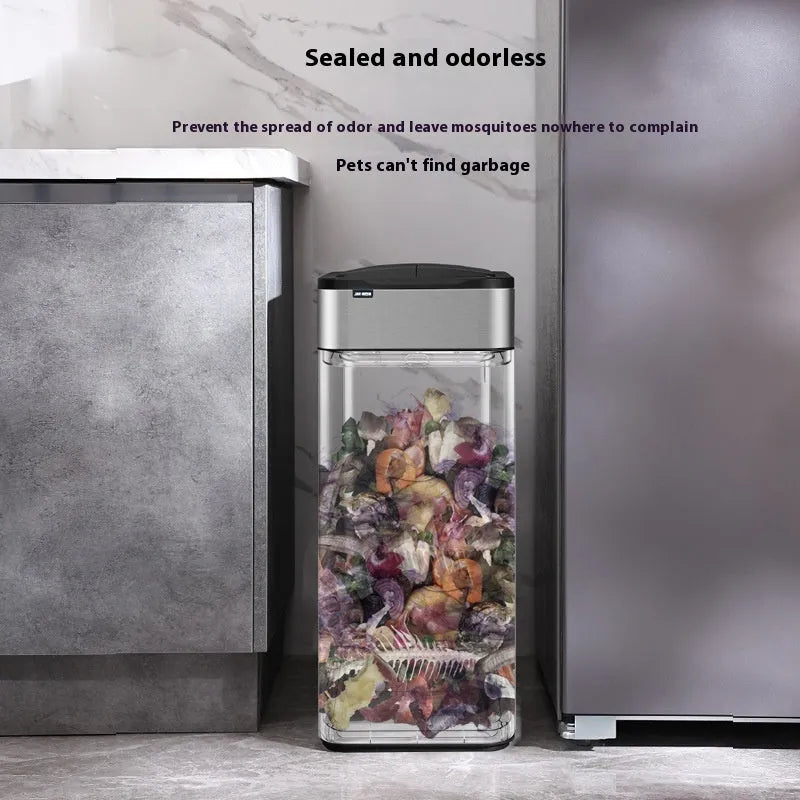 Stainless steel square inductive smart trash can with automatic sensor lid and deodorant function.