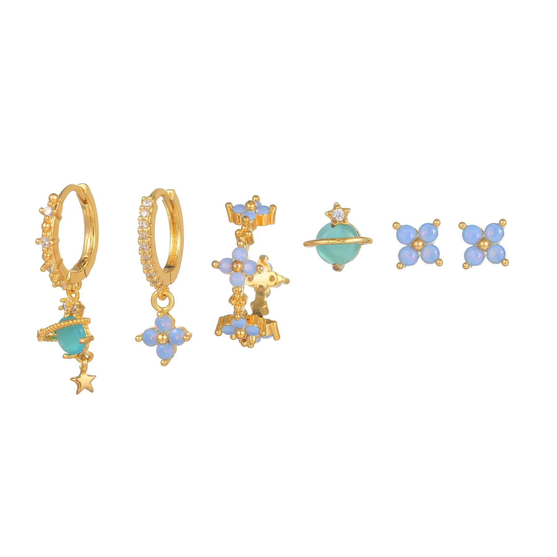 Blue zircon flower stud earrings in Japanese Korean style with gold or silver metal finish