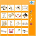 Physical science kit with wooden experiment pieces, pigments, screwdriver, glue, and batteries for kids ages 7-14