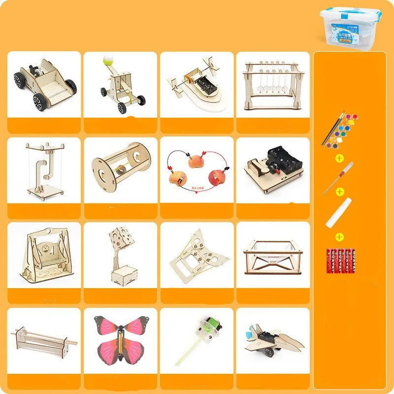 Physical science kit with wooden experiment pieces, pigments, screwdriver, glue, and batteries for kids ages 7-14