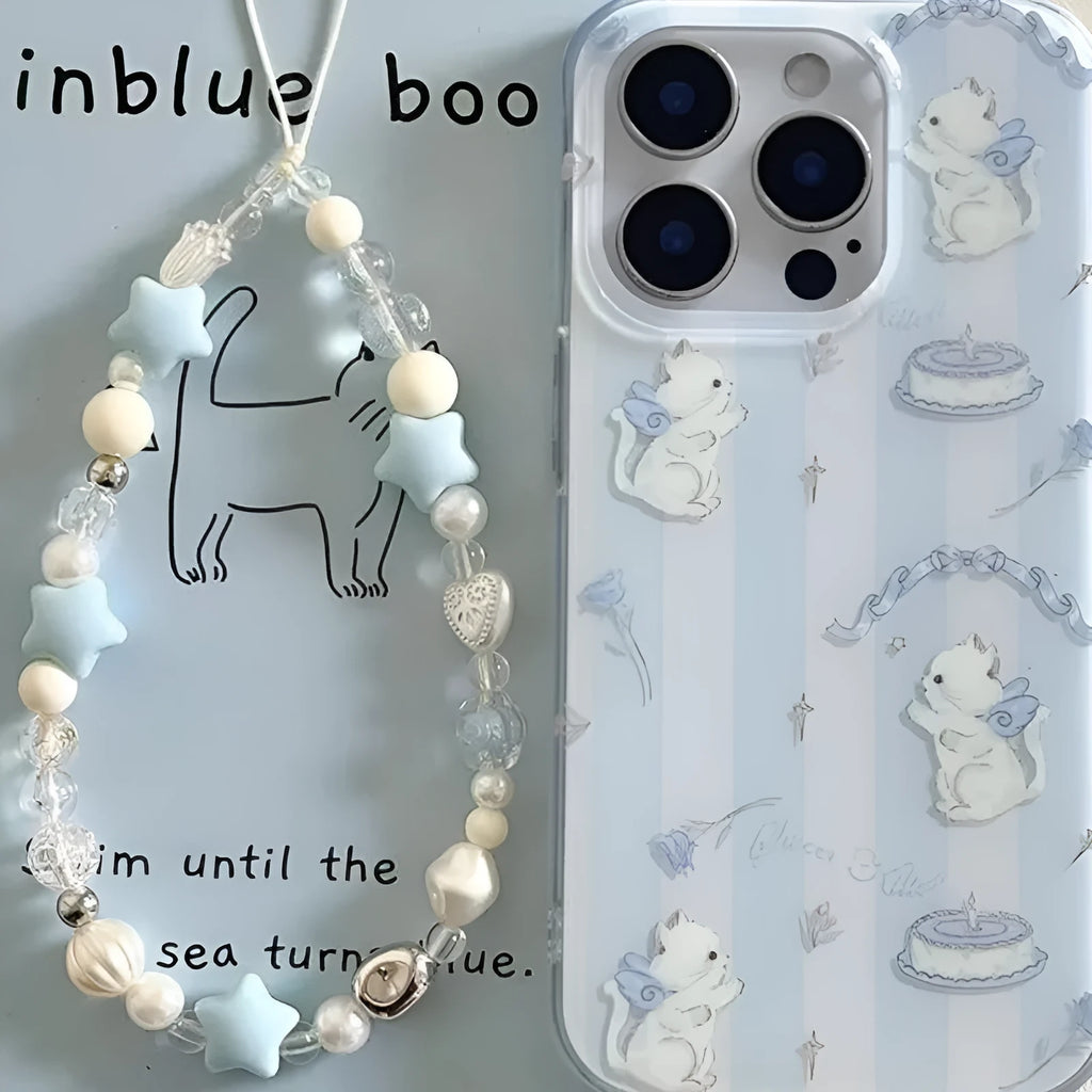 Blue and white striped cat lanyard phone case for Apple iPhone with fall protection