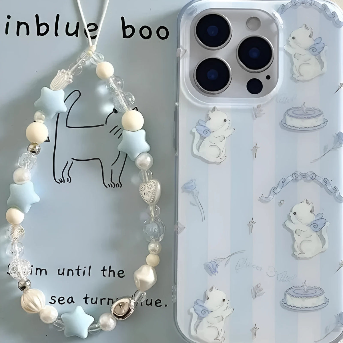 Blue and white striped cat lanyard phone case for Apple iPhone with fall protection