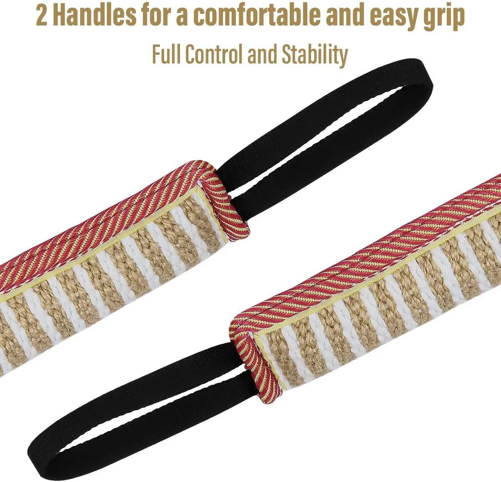 Beige and pink jute dog tug toy with two fabric handles on a grey background.