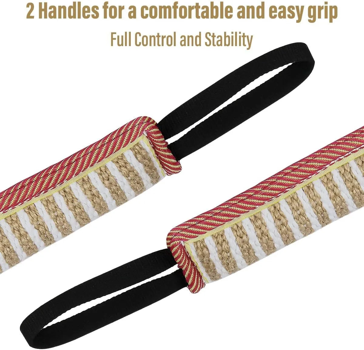 Beige and pink jute dog tug toy with two fabric handles on a grey background.