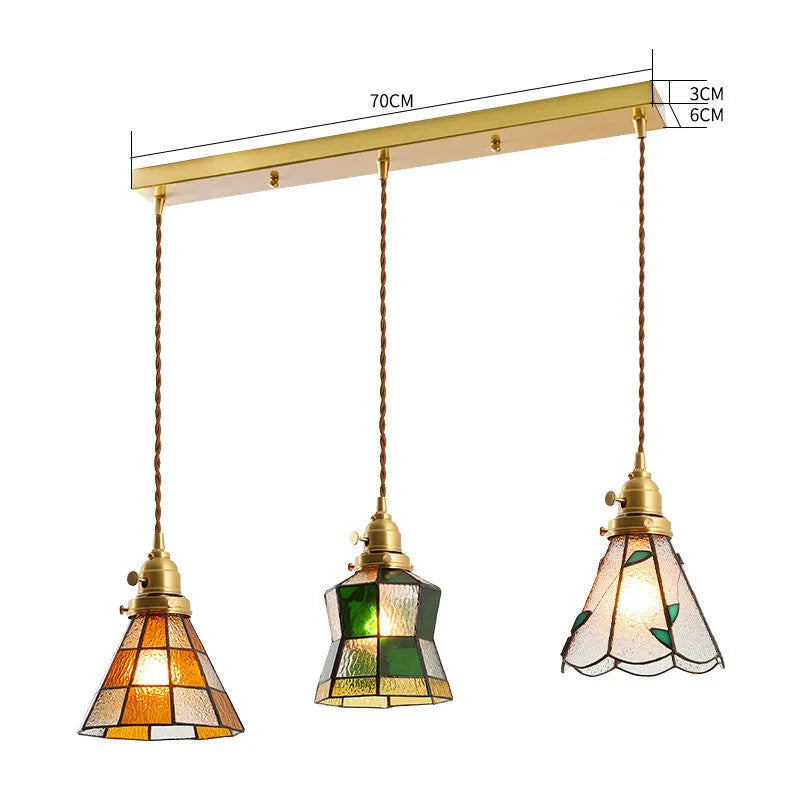 Japanese retro brass and glass chandelier with hand-blown shades and walnut ceiling plate