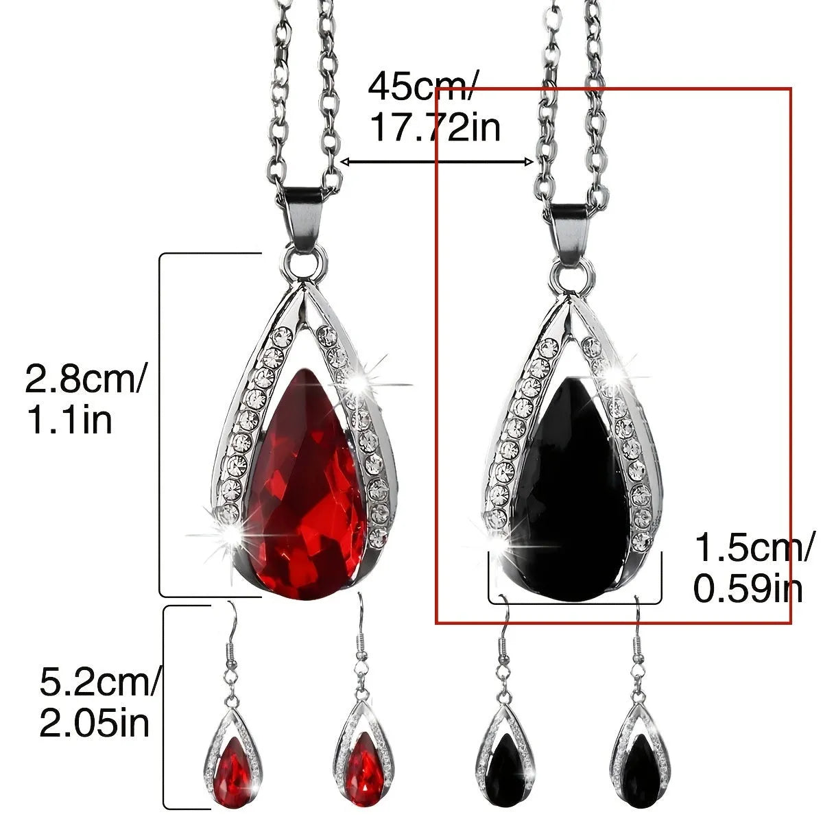 Black and red teardrop glass pendant necklace and earrings jewellery set