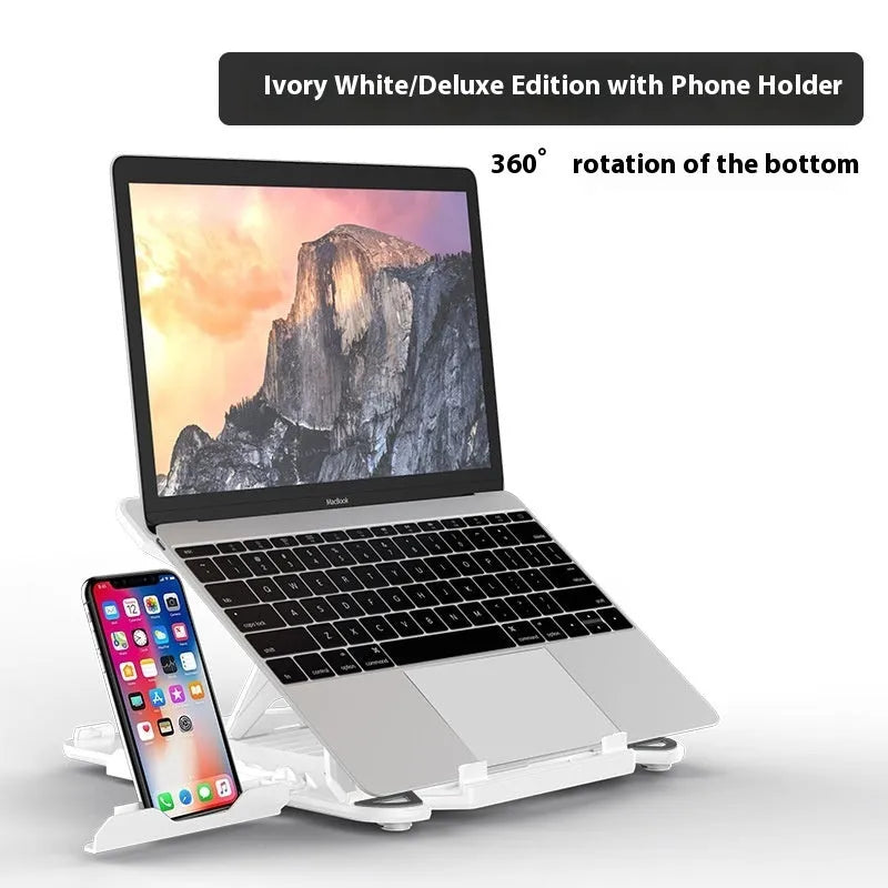 Black ABS plastic laptop cooling bracket stand on a wooden desk