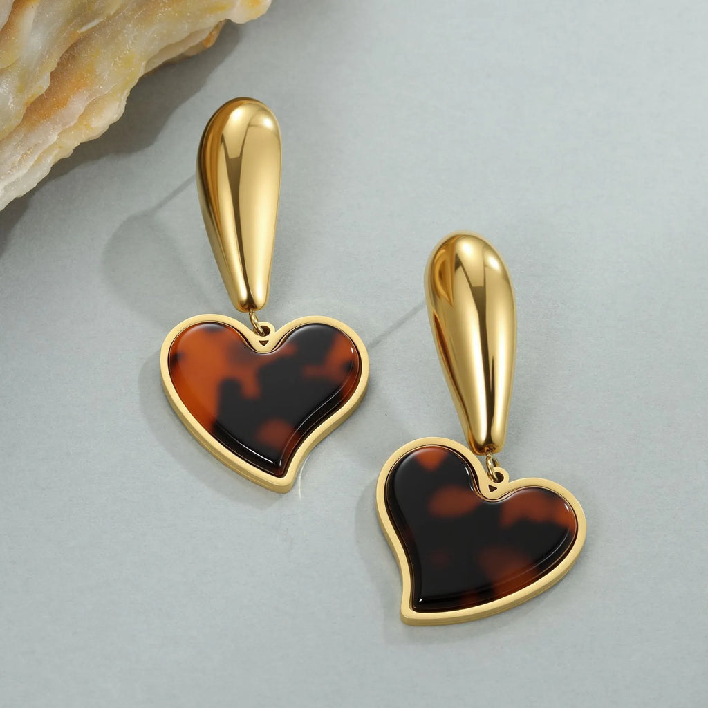 Tortoiseshell resin hawksbill colour earrings with 18K gold plating on stainless steel in heart-shaped and floral geometric designs