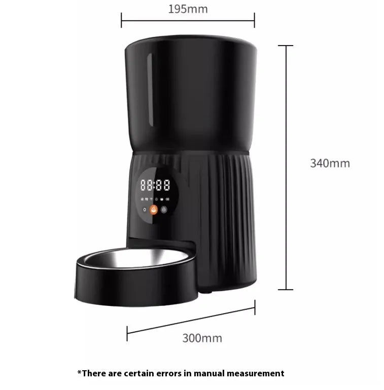 Black automatic pet feeder with digital display and food hopper on a floor