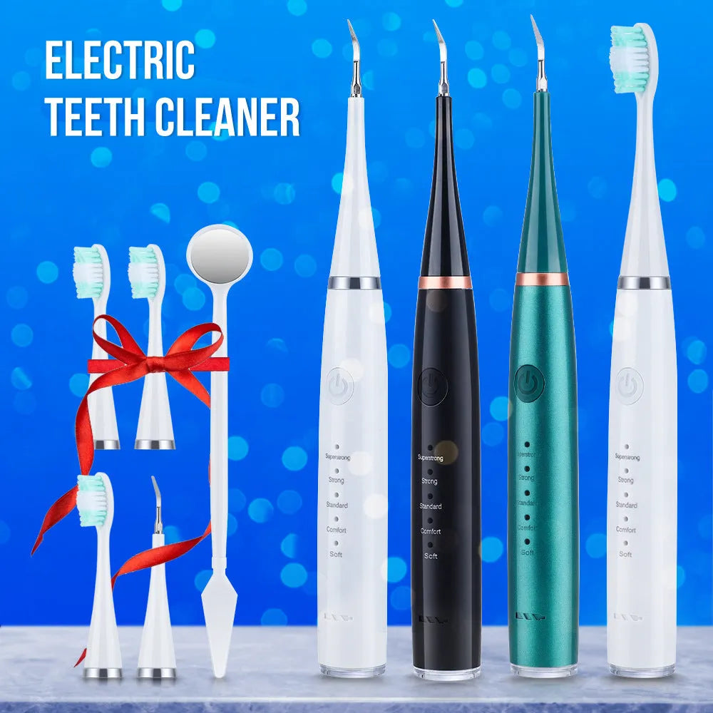 Portable electric toothbrush with white ABS plastic body, USB charging port, and up-and-down brush head on a clean surface