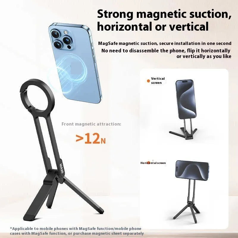Portable phone holder with black climbing button carabiner on grey background, aluminium alloy and silicone construction