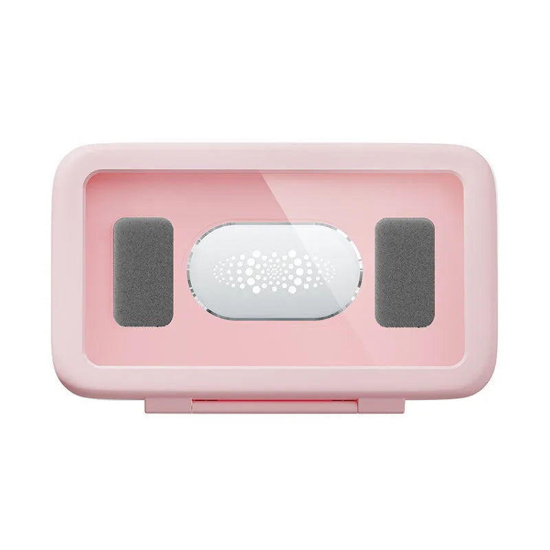 White waterproof phone holder mounted on bathroom tile showing phone inside with clear anti-fog window